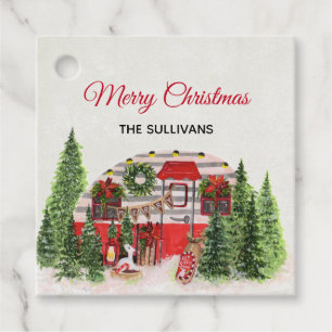 Étiquettes Cadeau Merry Christmas Trailer Camper Rustic Scene