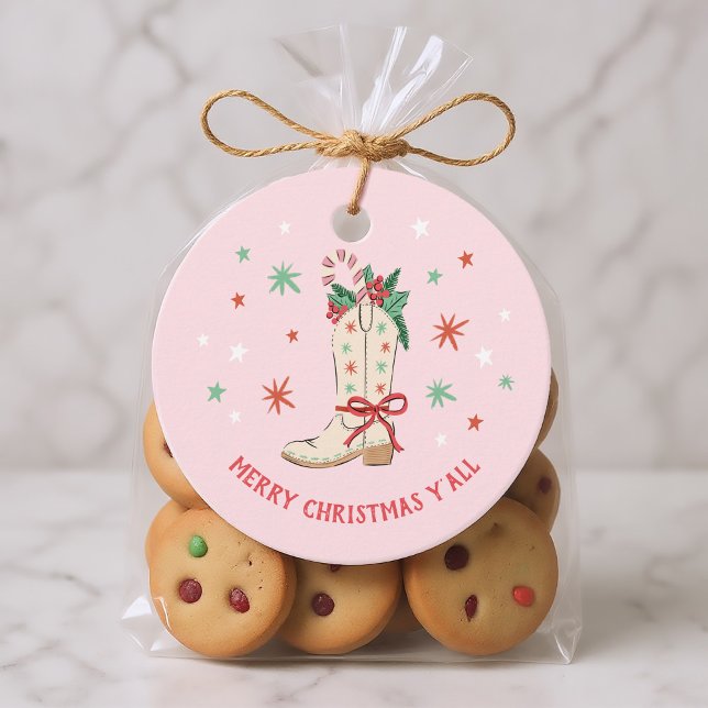 Étiquettes Cadeau Merry Christmas Y'all Country Cowboy Boot Gift ("merry Christmas y'all" country-themed gift tags with hand-drawn cowboy boot)