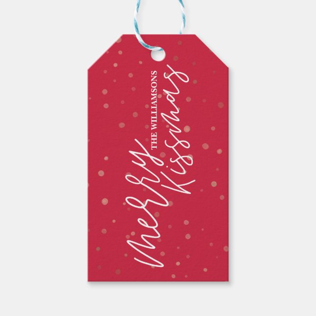 Étiquettes-cadeau Merry Kissmas | Noël rouge et blanc (Devant)