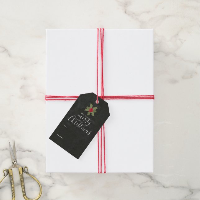 Étiquettes-cadeau Merry Little Christmas Holly & Slate Holiday (Avec de la ficelle)