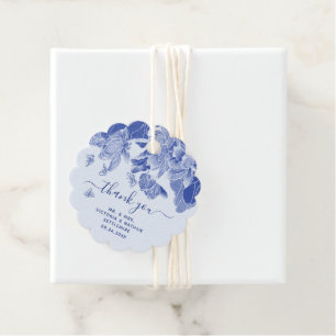 Étiquettes Cadeau Message de remerciement floral bleu et blanc éléga