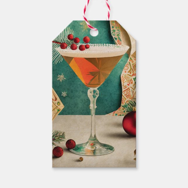 Étiquettes-cadeau Mi-Siècle Cocktail de Noël Fête Happy Hour (Devant)