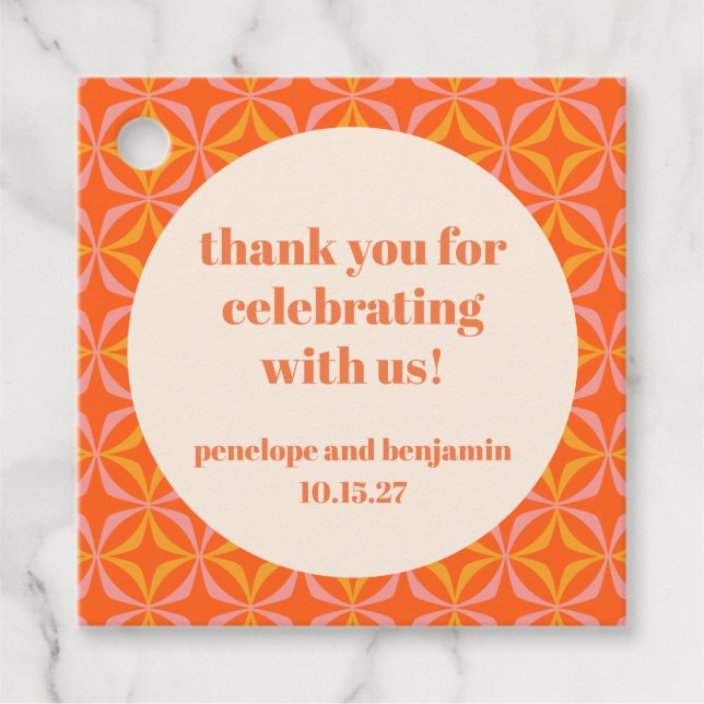 Étiquettes Cadeau Mi-siècle moderne Orange Personnalisé mariage Merc (Devant)