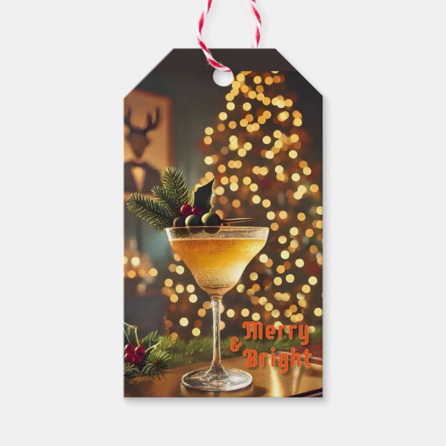 Étiquettes-cadeau Mi-Siècle Noël Joyeux & Cocktail lumineux (Devant)