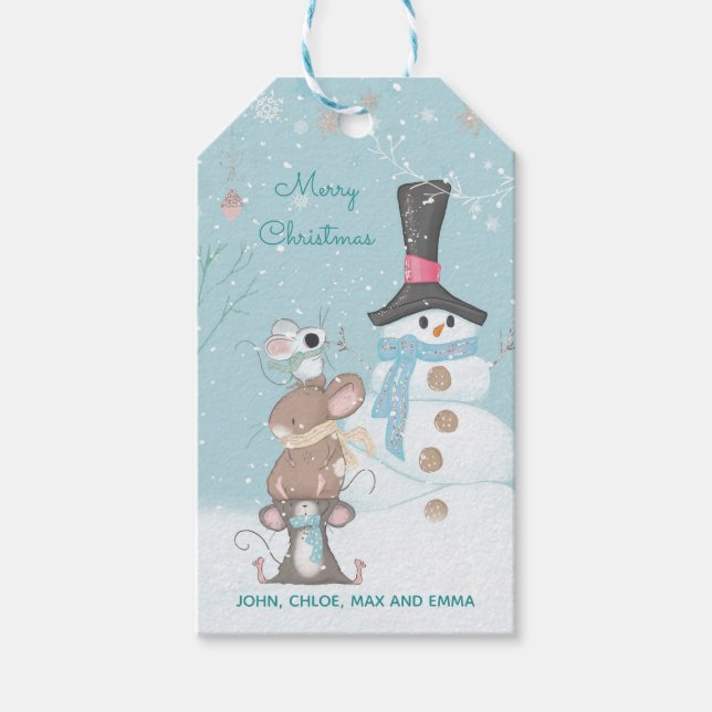 Étiquettes-cadeau Mice mignonne et Snowman Joyeux Noël (Devant)