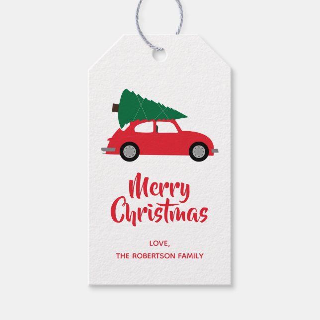 Étiquettes-cadeau Mid Century Moderne Arbre de Noël & Voiture Rouge (Devant)