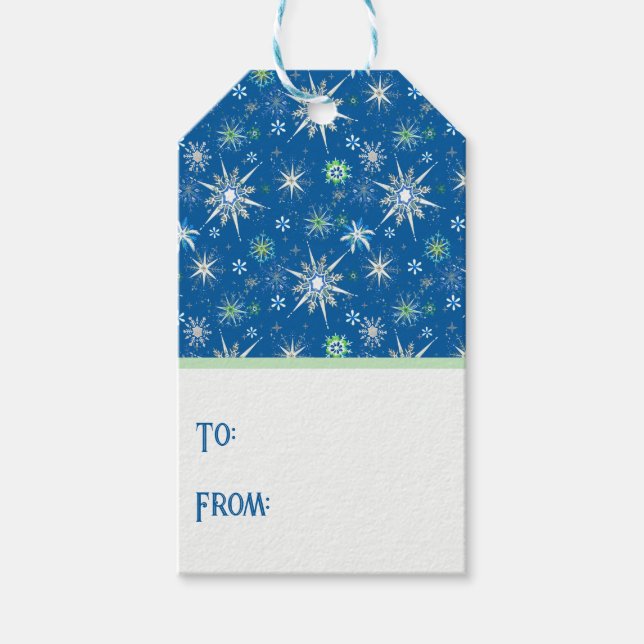 Étiquettes-cadeau Mid-Century Snowflakes Galore On Blue (Devant)