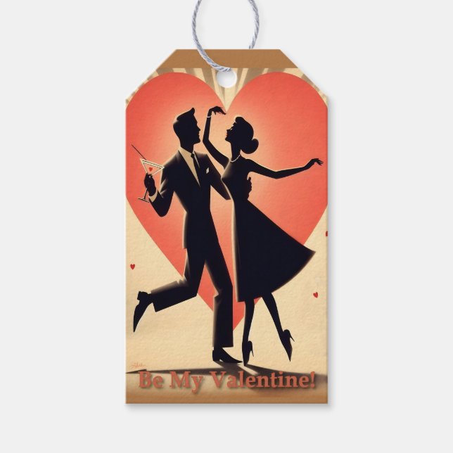 Étiquettes-cadeau Mid Century Valentine Dancing Couple avec Martini (Devant)