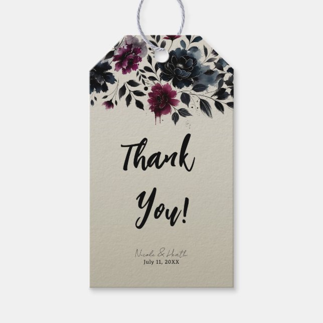 Étiquettes-cadeau Midnight Blue Bourgogne Inky Floral Almond Mariage (Devant)