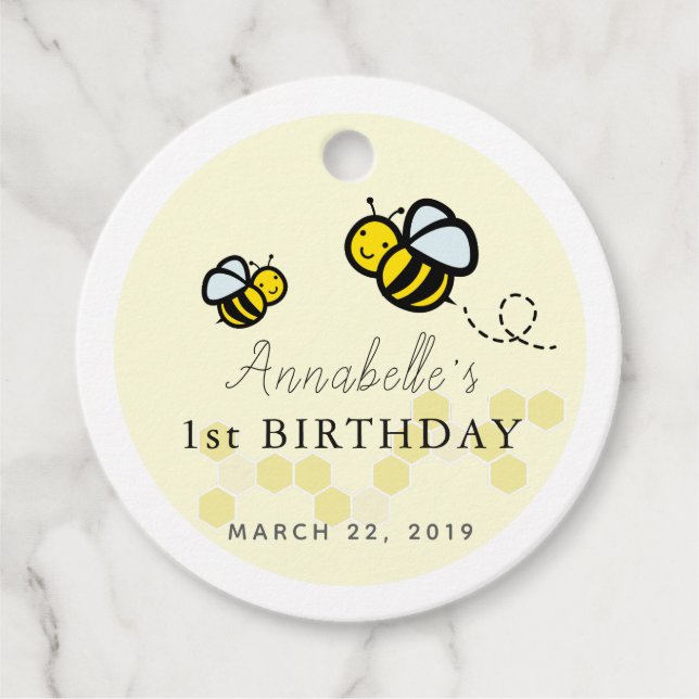 Étiquettes Cadeau Miel / Bumble Bees & Daisy 1er anniversaire Merci (Devant)