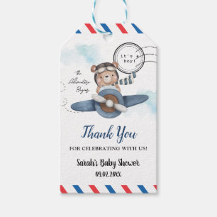 Étiquettes-cadeau Mignonne Bear Plane Aventure Commence Baby shower 