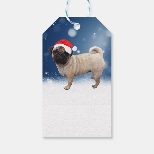 Étiquettes-cadeau Mignonne chien Carlin Noël Père Noël Chapeau Neige (Dos)