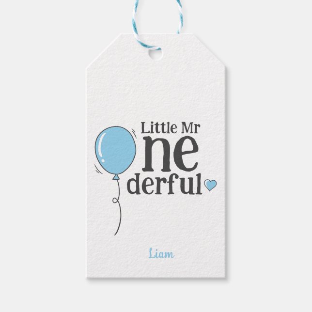 Étiquettes-cadeau Mignonne M. Onederful Blue Balloon Personnalisé (Devant)