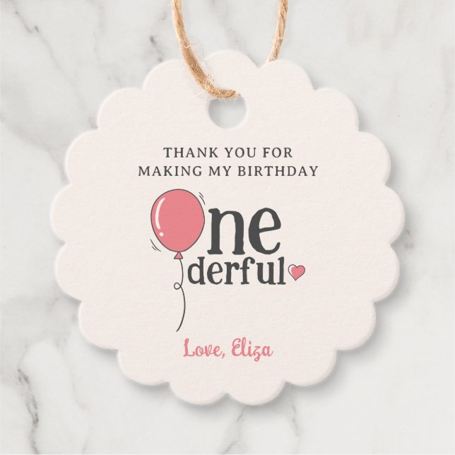 Étiquettes Cadeau mignonne Miss Onederful Merci de ballon rose (Devant)