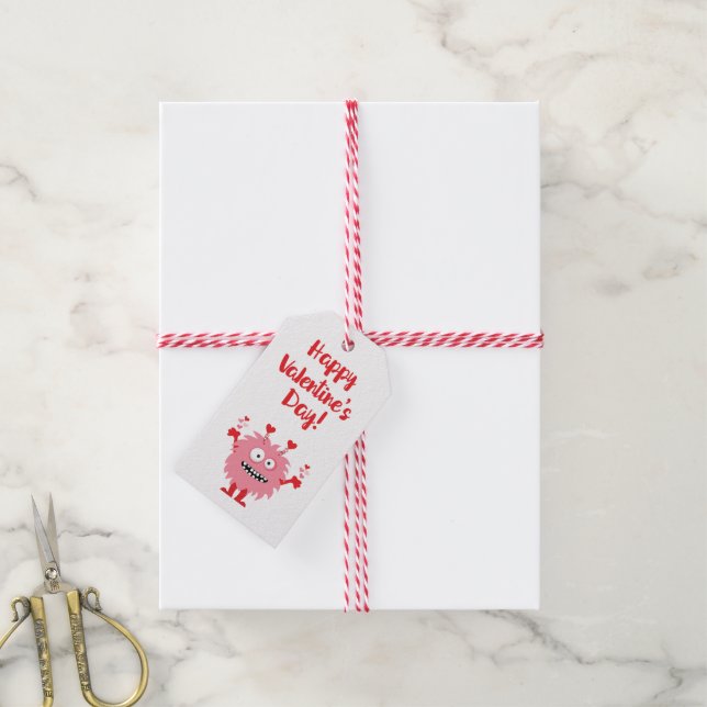 Étiquettes-cadeau Mignonne Saint-Valentin Monstre de dessin rose (Avec de la ficelle)