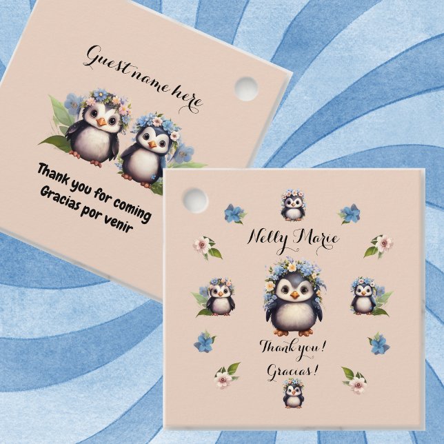 Étiquettes Cadeau Mignonnes pingouins Nom Texte bilingue Gracias Mer (Cut penguins favor tag, Bilingual text Spanish and name, personalized, Multilingual Project)