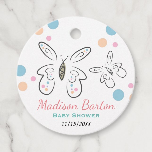 Étiquettes Cadeau Mignons papillons et points Baby shower fille (Devant)