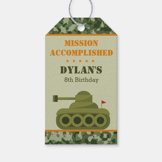 Étiquettes-cadeau Militaire char Armée Garçon Anniversaire Favoriser (Devant)