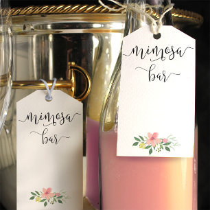 Étiquettes-cadeau Mimosa bottle tags with a pink blush bouquet