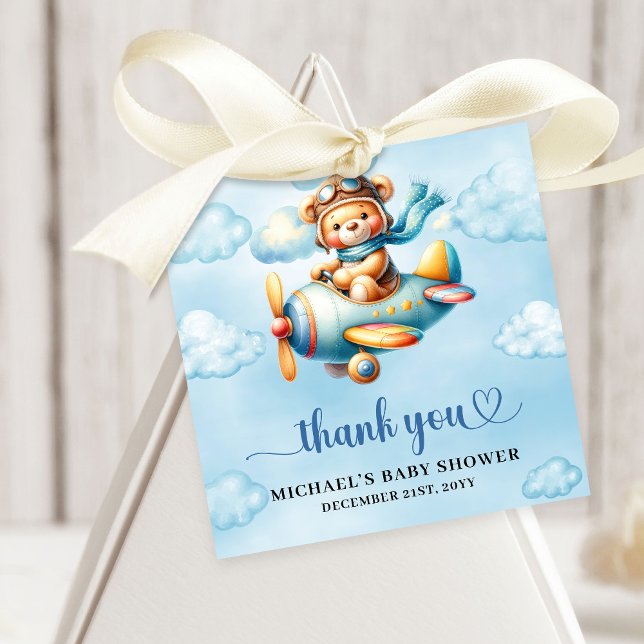 Étiquettes Cadeau Minimalist Teddy Bear Pilot Airplane Blue Brown   (Minimalist Teddy Bear Pilot Airplane Blue Brown Baby Shower Favor Tag

)