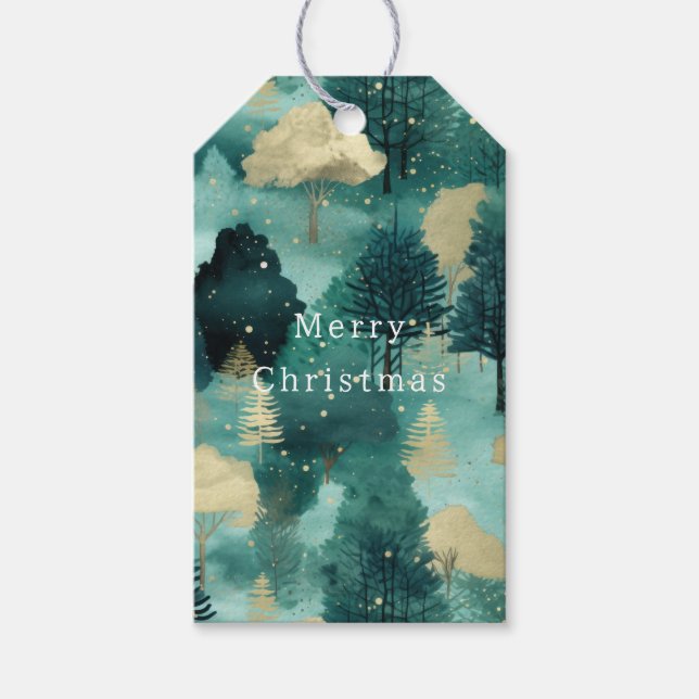 Étiquettes-cadeau Mint Green Gold Trees Noël (Devant)