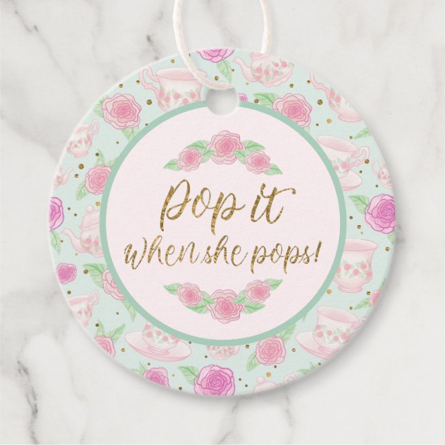 Étiquettes Cadeau Mint Tea Party Pop It When She Pop Baby shower (Devant)