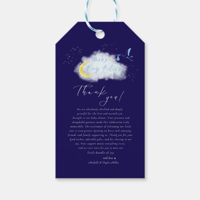 Étiquettes-cadeau Minuit Blue Starlit Baby Boy Bliss Stork (Devant)