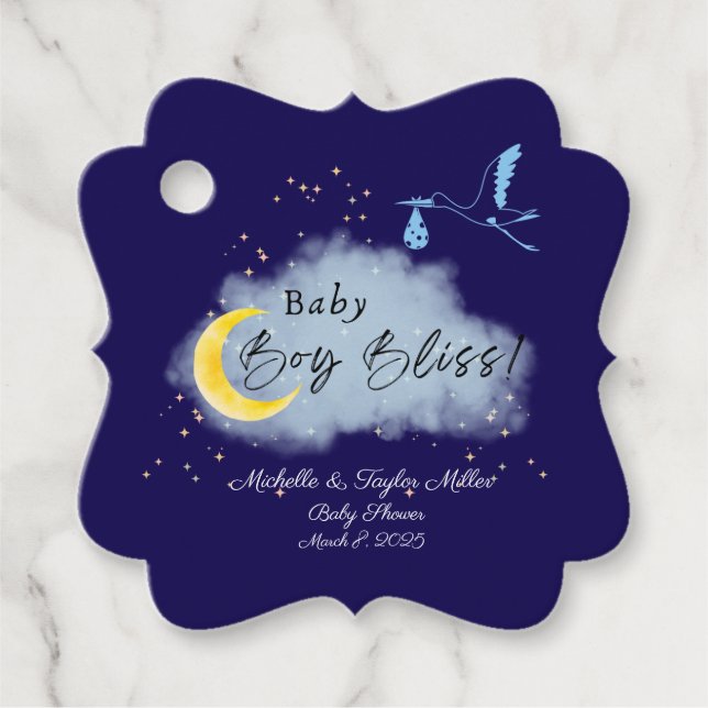 Étiquettes Cadeau Minuit Blue Starlit Baby Boy Bliss Stork (Devant)