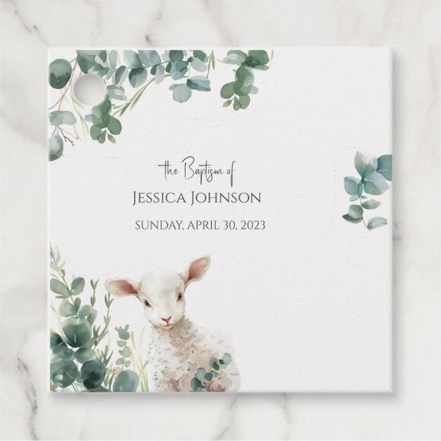Étiquettes Cadeau Minuscule agneau de bébé et baptême d'Eucalyptus (Devant)