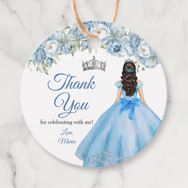 Étiquettes Cadeau Mis Quince Bleu Floral Argent Couronne Quinceañera (Devant)