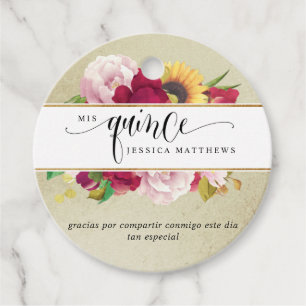 Étiquettes Cadeau Mis Quince Rouge, or et jaune Floral, Favoriser le