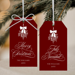Étiquettes-cadeau Mistletoe Joyeux Noël Feliz Navidad Red