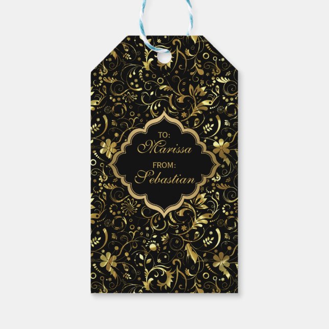 Étiquettes-cadeau Modèle de Damas Floral Noir Et Or (Dos)