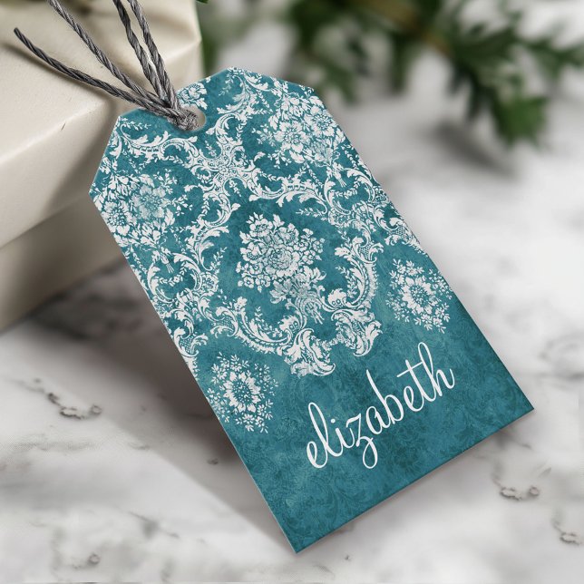 Étiquettes-cadeau Modèle de Damas gris turquoise Texte personnalisé (Custom Gift Tag)