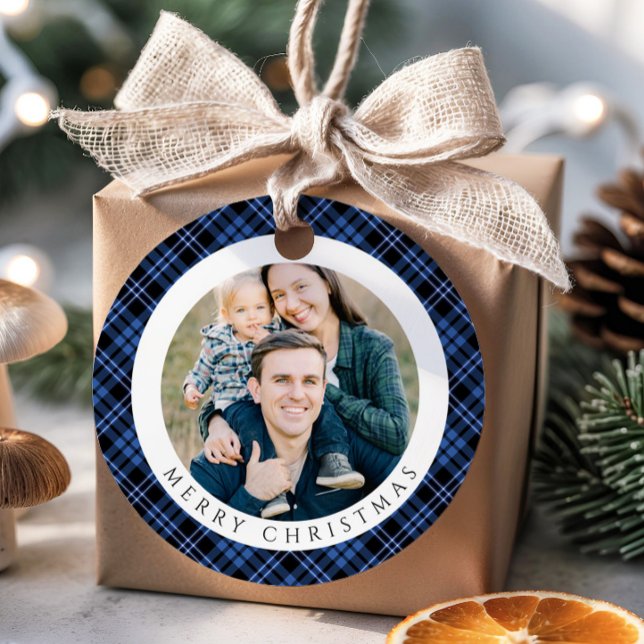 Étiquettes Cadeau Modern Blue Plaid Photo Christmas (Modern Blue Plaid Photo Christmas Favor Tags)