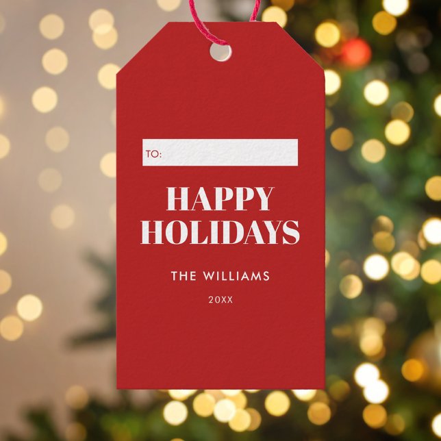 Étiquettes-cadeau Modern Minimalist Red Happy Holidays (Créateur téléchargé)