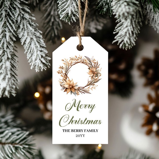 Étiquettes-cadeau Modern Neutral Sage Green Wreath Holiday Tag (Elegant Earthy Colors Christmas Tree Gift Template)