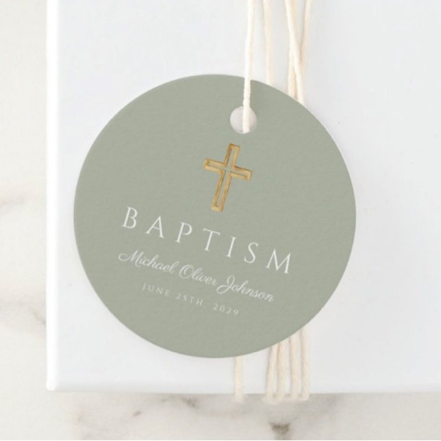 Étiquettes Cadeau Modern Sage Green Religious Cross Script Baptism  (Modern Sage Green Religious Cross Script Baptism Favor Tags)