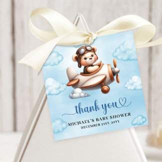 Étiquettes Cadeau Modern Teddy Bear Pilot Airplane Blue Brown Baby