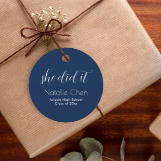 Étiquettes Cadeau Moderne Bleu Élégant Typographie Diplômé