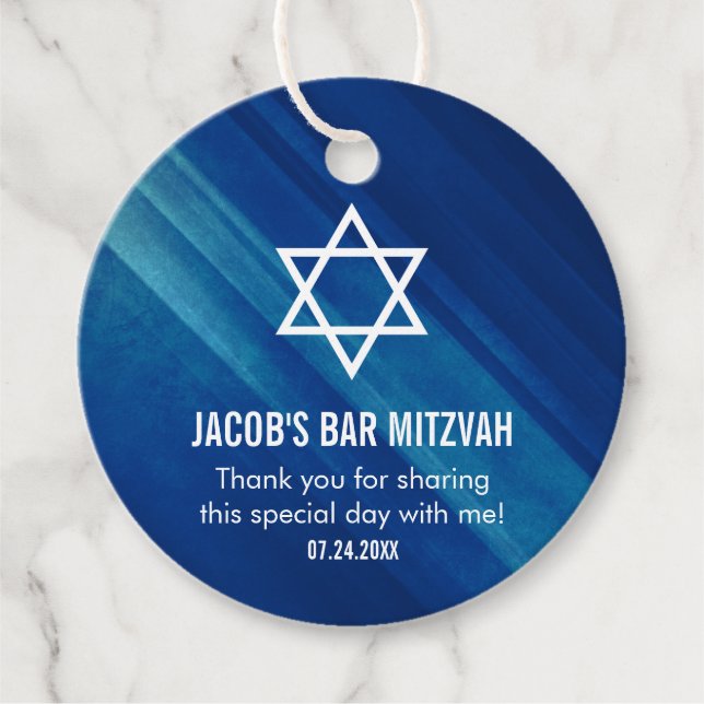 Étiquettes Cadeau Moderne Blue Grunge Bar Mitzvah (Devant)