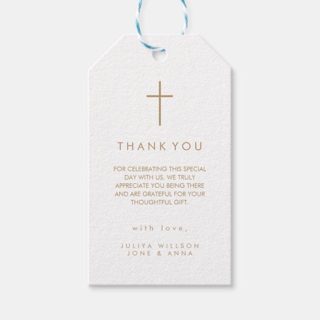 Étiquettes-cadeau Moderne croix or  Photo Baptême  (Devant)