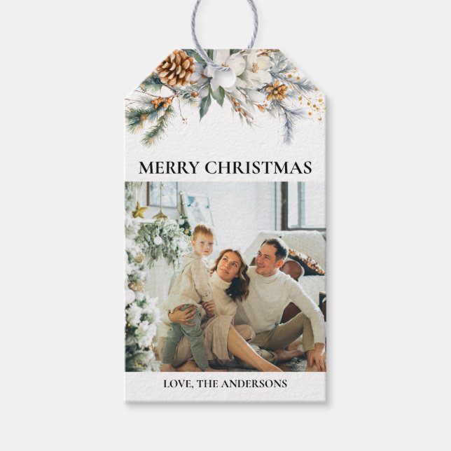 Étiquettes-cadeau Moderne Elégant Verdure & Photo | Noël noir (Devant)