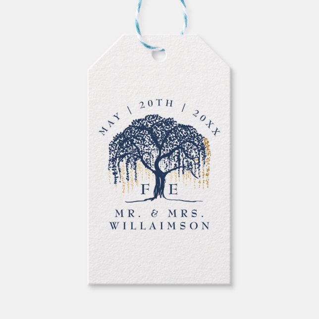 Étiquettes-cadeau Moderne Gras Willow Tree Marine Blue Gold Mariage (Devant)