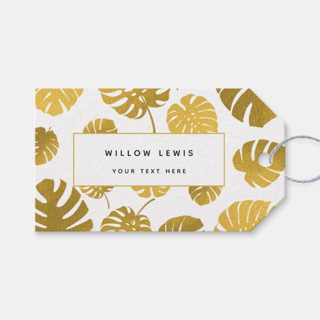 Étiquettes-cadeau Moderne Monstère Or Tropical Feuille Professionnel (Devant (Horizontal))