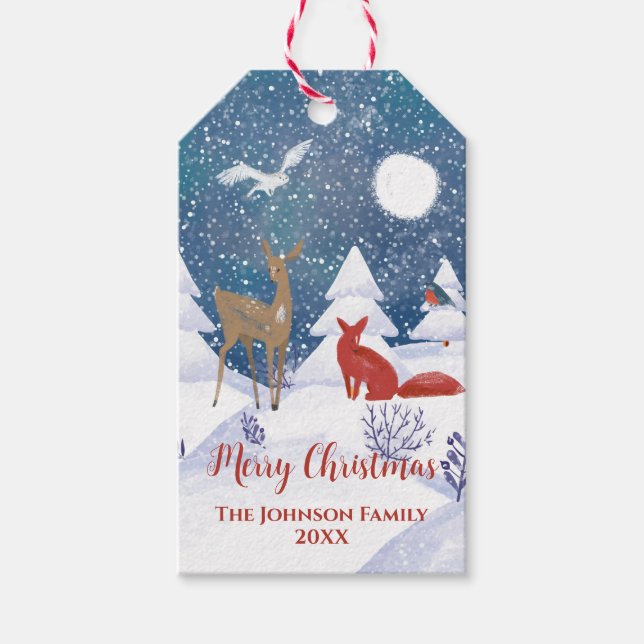 Étiquettes-cadeau Moderne Nordic Winter Snowy Night Fox Cerfs Oiseau (Devant)