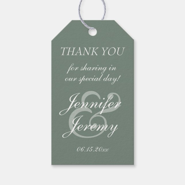 Étiquettes-cadeau Moderne Sage Green Élégant Mariage de script blanc (Devant)