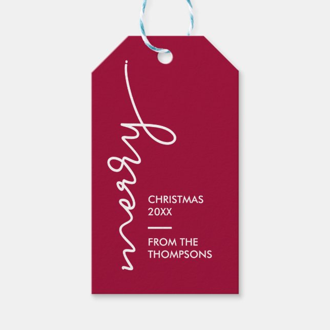 Étiquettes-cadeau Moderne Simple Bourgogne rouge Joyeux Noël Script (Devant)