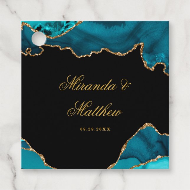 Étiquettes Cadeau Moderne Turquoise et doré Agate Mariage en pierre (Devant)