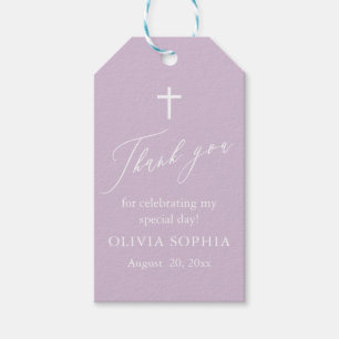 Étiquettes-cadeau Moderne violet Croix blanche Fille Baptême Favoris